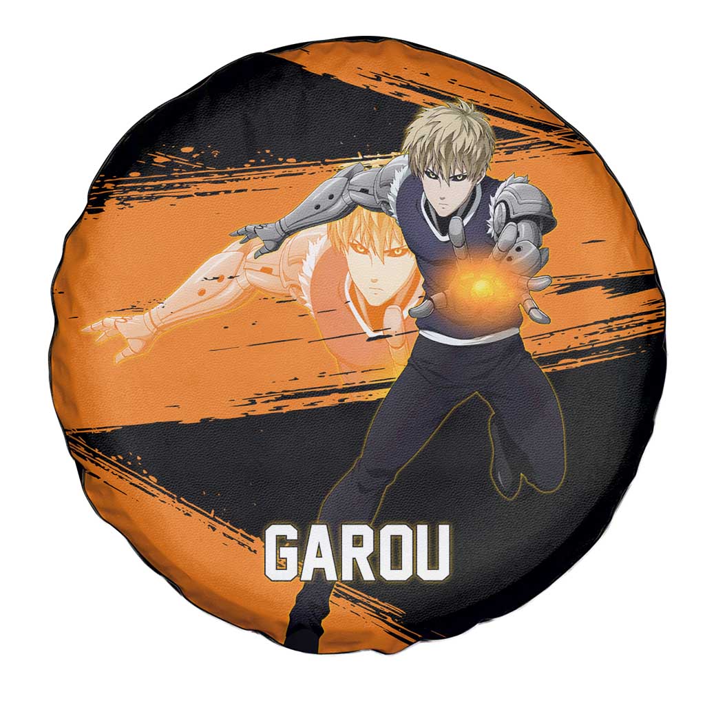 Genos One Punch Man Anime Orange and Black Theme Spare Tire Cover with Cyborg Arm Blast and Intense Action Pose - The Mazicc