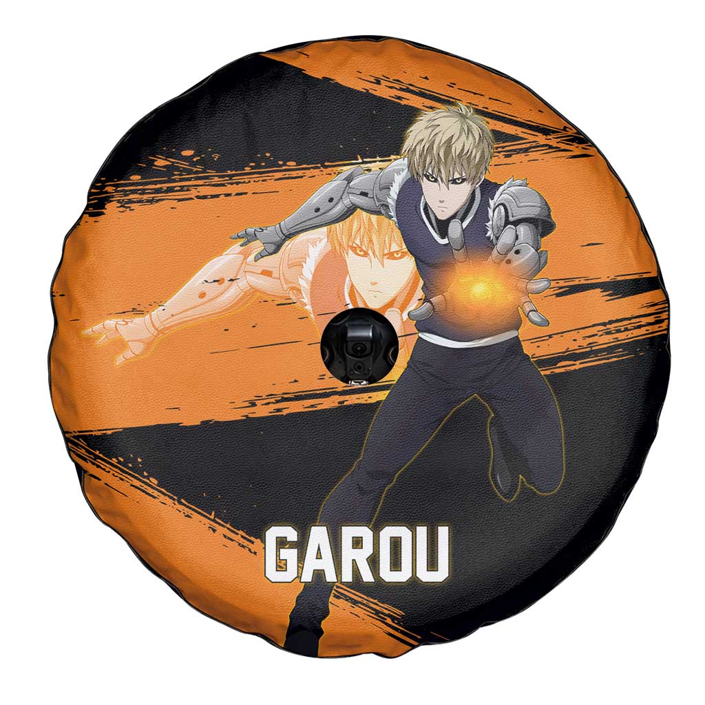 Genos One Punch Man Anime Orange and Black Theme Spare Tire Cover with Cyborg Arm Blast and Intense Action Pose - The Mazicc