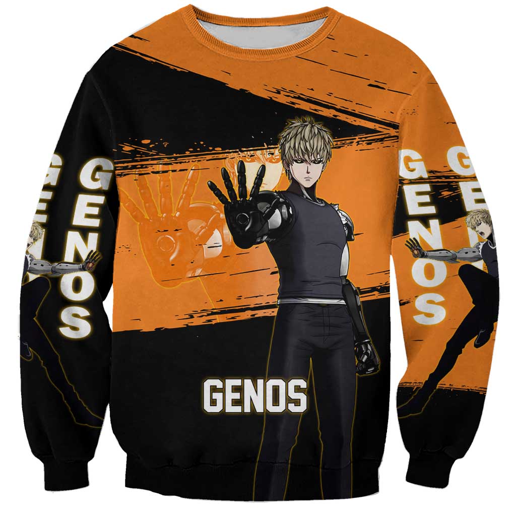 Genos One Punch Man Anime Orange and Black Theme Sweatshirt with Cyborg Arm Blast and Intense Action Pose - The Mazicc