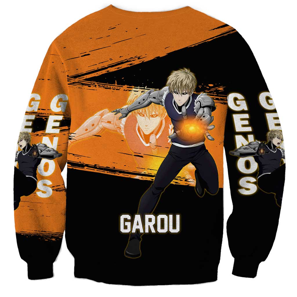 Genos One Punch Man Anime Orange and Black Theme Sweatshirt with Cyborg Arm Blast and Intense Action Pose - The Mazicc