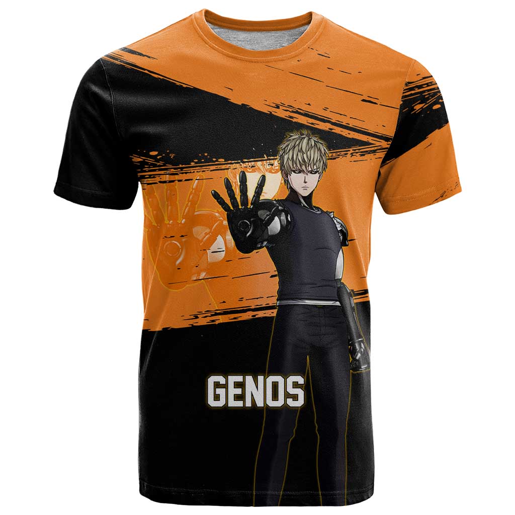Genos One Punch Man Anime Orange and Black Theme T Shirt with Cyborg Arm Blast and Intense Action Pose - The Mazicc
