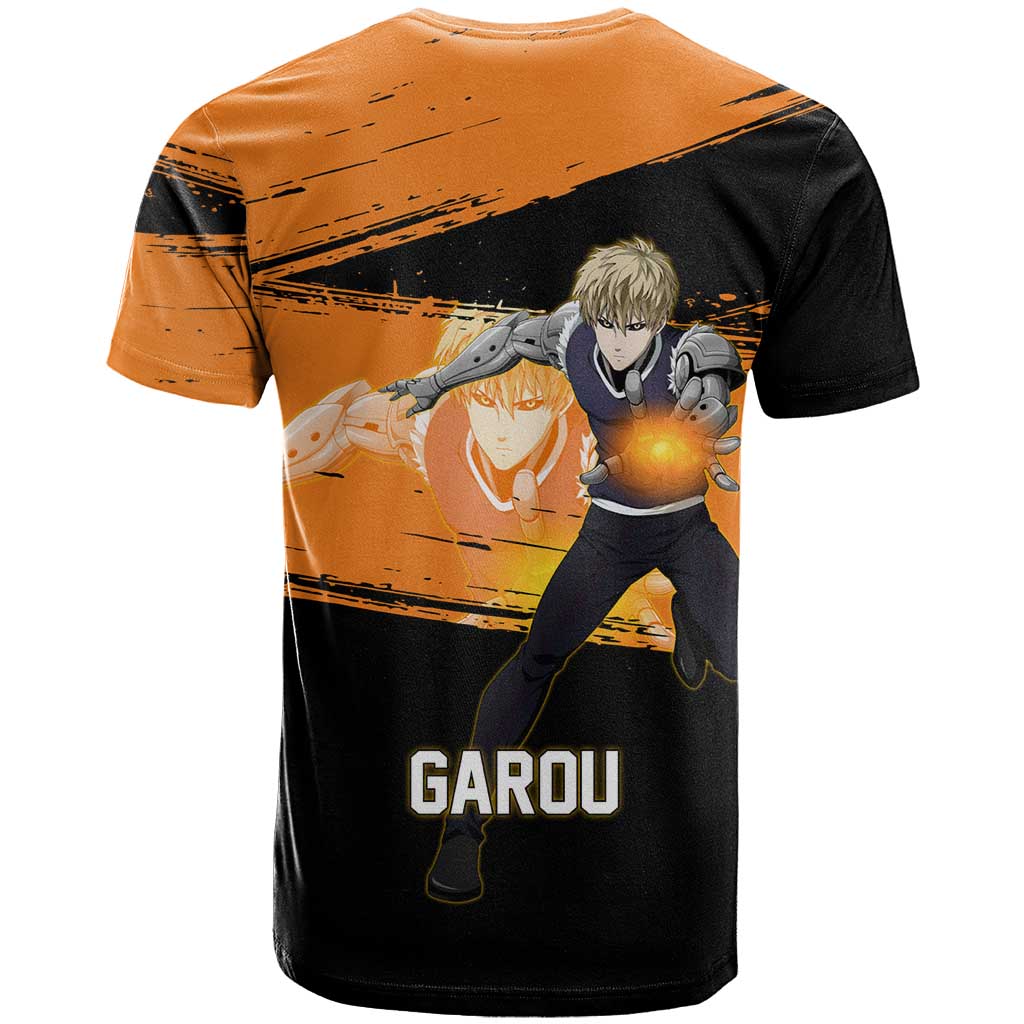 Genos One Punch Man Anime Orange and Black Theme T Shirt with Cyborg Arm Blast and Intense Action Pose - The Mazicc