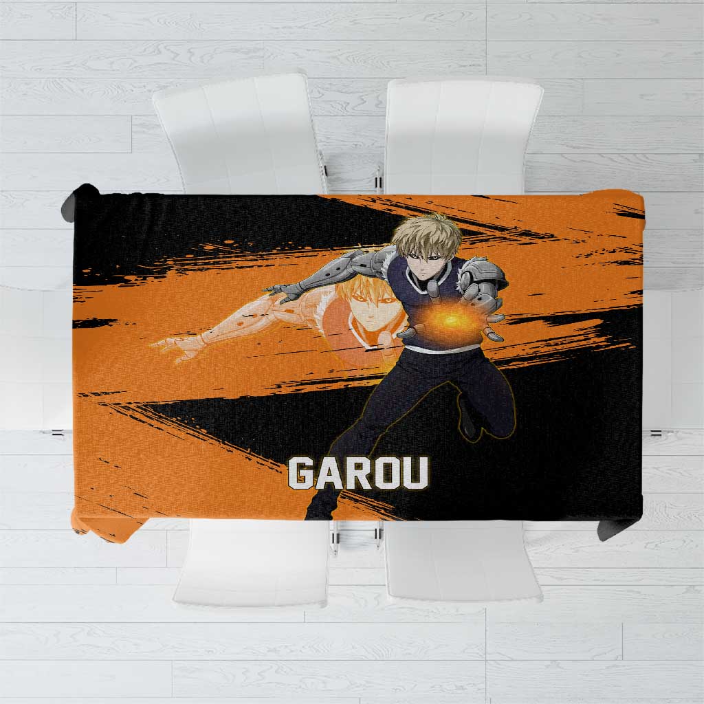 Genos One Punch Man Anime Orange and Black Theme Tablecloth with Cyborg Arm Blast and Intense Action Pose - The Mazicc