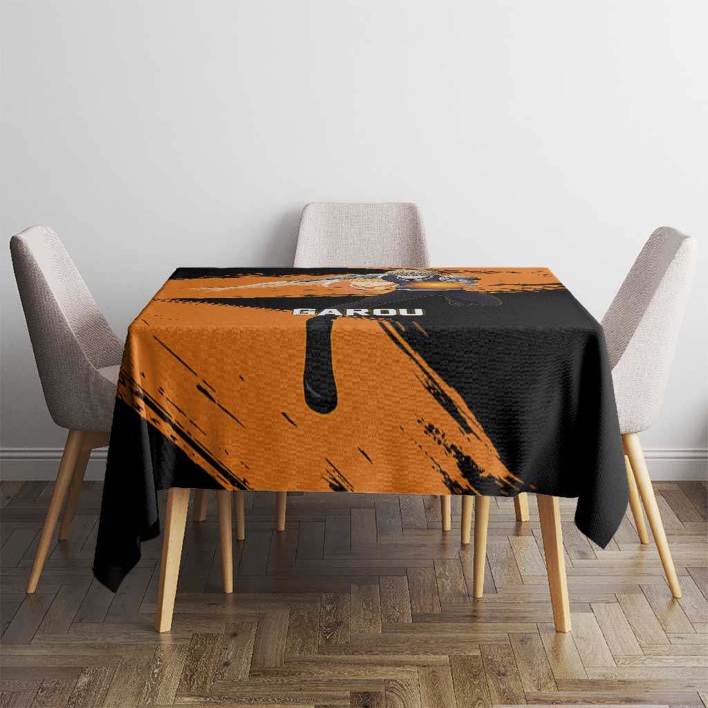 Genos One Punch Man Anime Orange and Black Theme Tablecloth with Cyborg Arm Blast and Intense Action Pose - The Mazicc