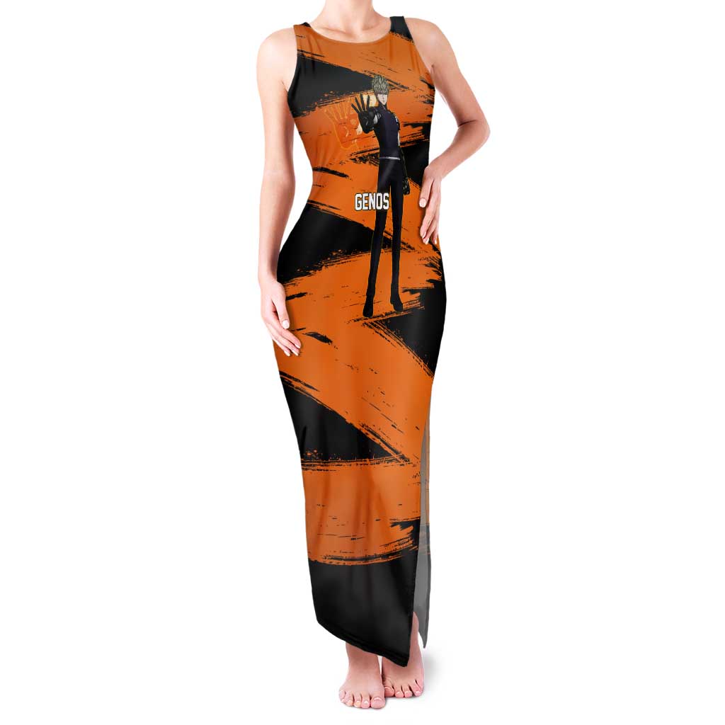 Genos One Punch Man Anime Orange and Black Theme Tank Maxi Dress with Cyborg Arm Blast and Intense Action Pose - The Mazicc