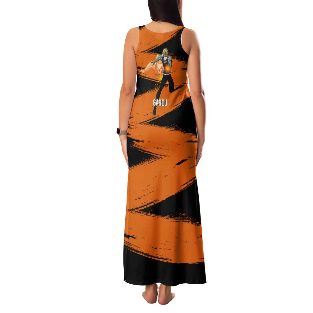 Genos One Punch Man Anime Orange and Black Theme Tank Maxi Dress with Cyborg Arm Blast and Intense Action Pose - The Mazicc