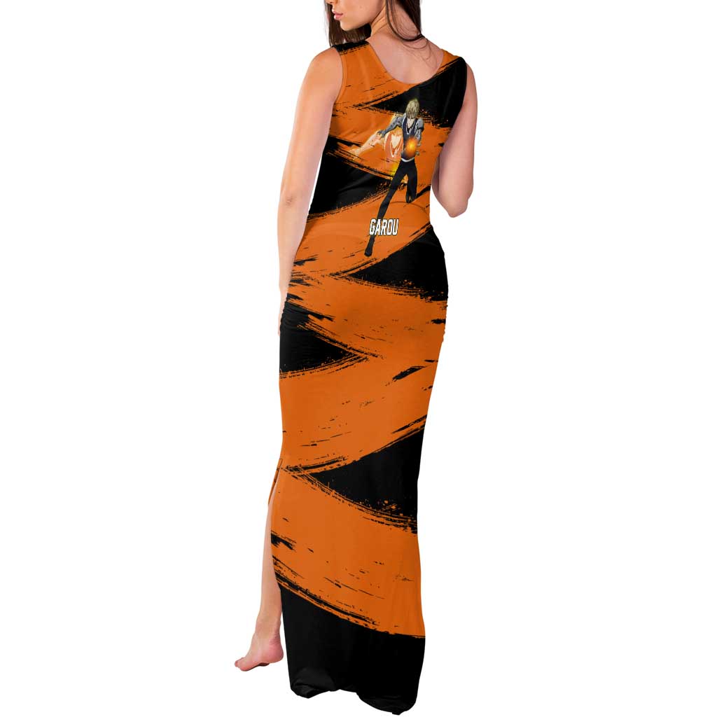 Genos One Punch Man Anime Orange and Black Theme Tank Maxi Dress with Cyborg Arm Blast and Intense Action Pose - The Mazicc
