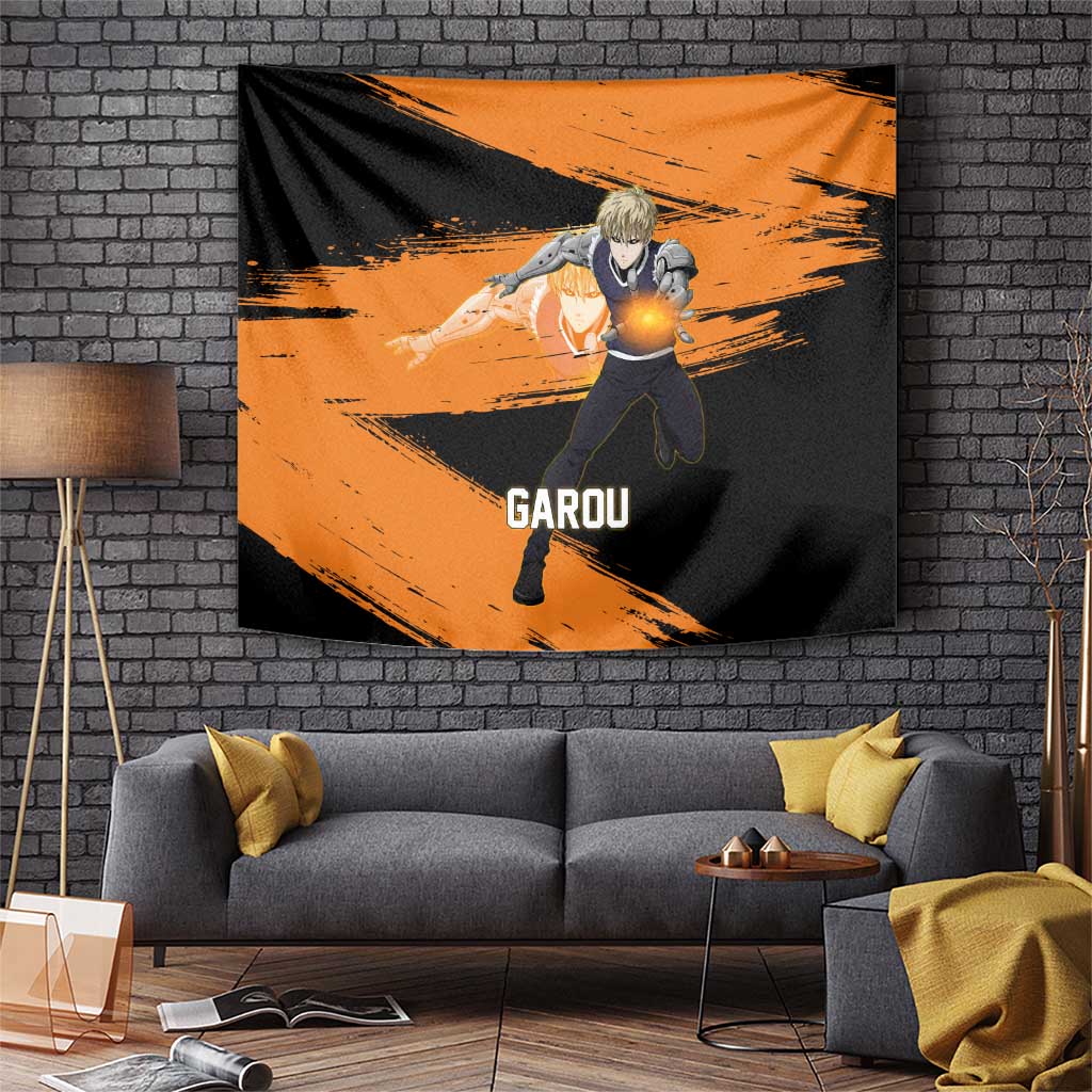 Genos One Punch Man Anime Orange and Black Theme Tapestry with Cyborg Arm Blast and Intense Action Pose - The Mazicc