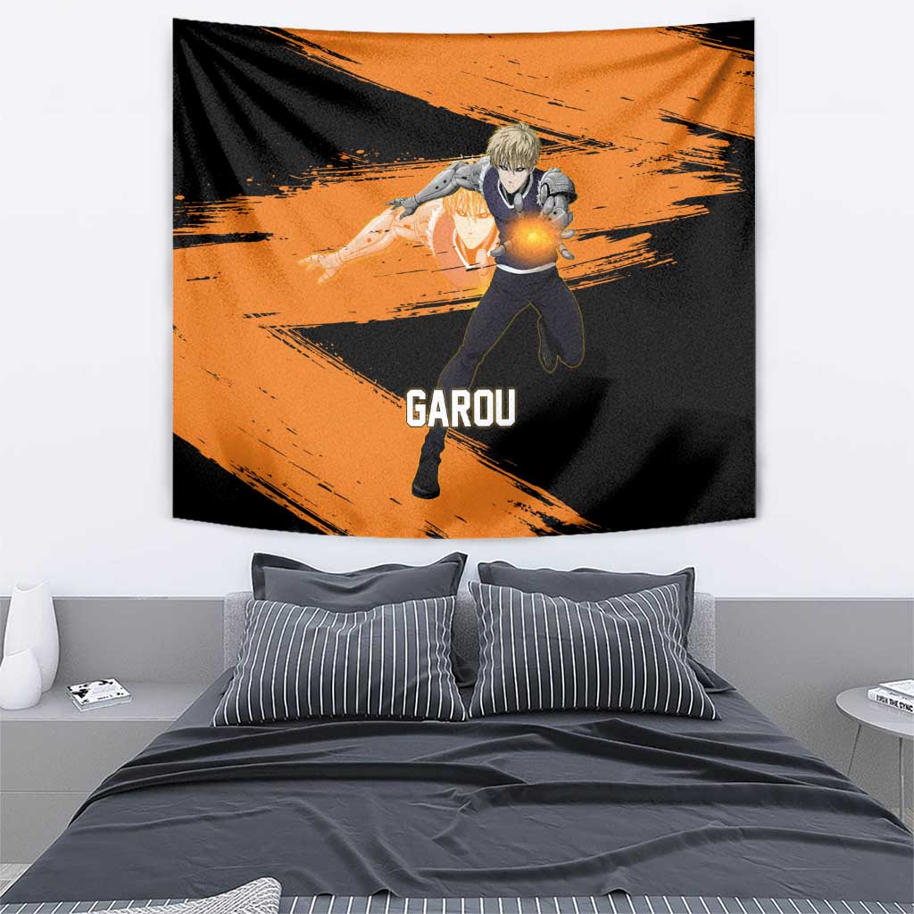 Genos One Punch Man Anime Orange and Black Theme Tapestry with Cyborg Arm Blast and Intense Action Pose - The Mazicc