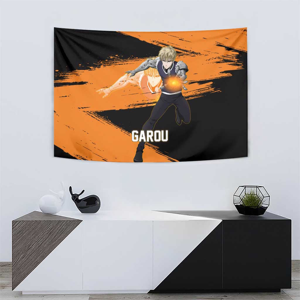 Genos One Punch Man Anime Orange and Black Theme Tapestry with Cyborg Arm Blast and Intense Action Pose - The Mazicc