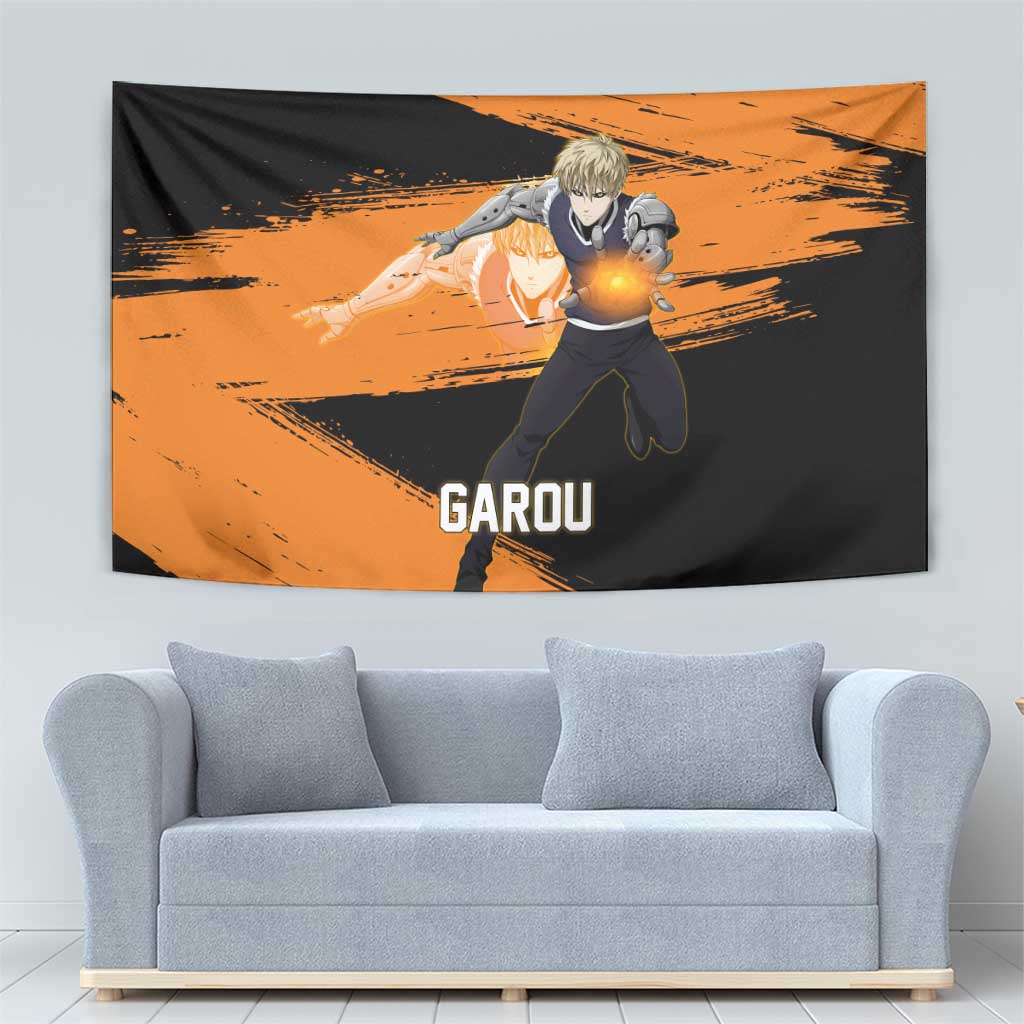 Genos One Punch Man Anime Orange and Black Theme Tapestry with Cyborg Arm Blast and Intense Action Pose - The Mazicc