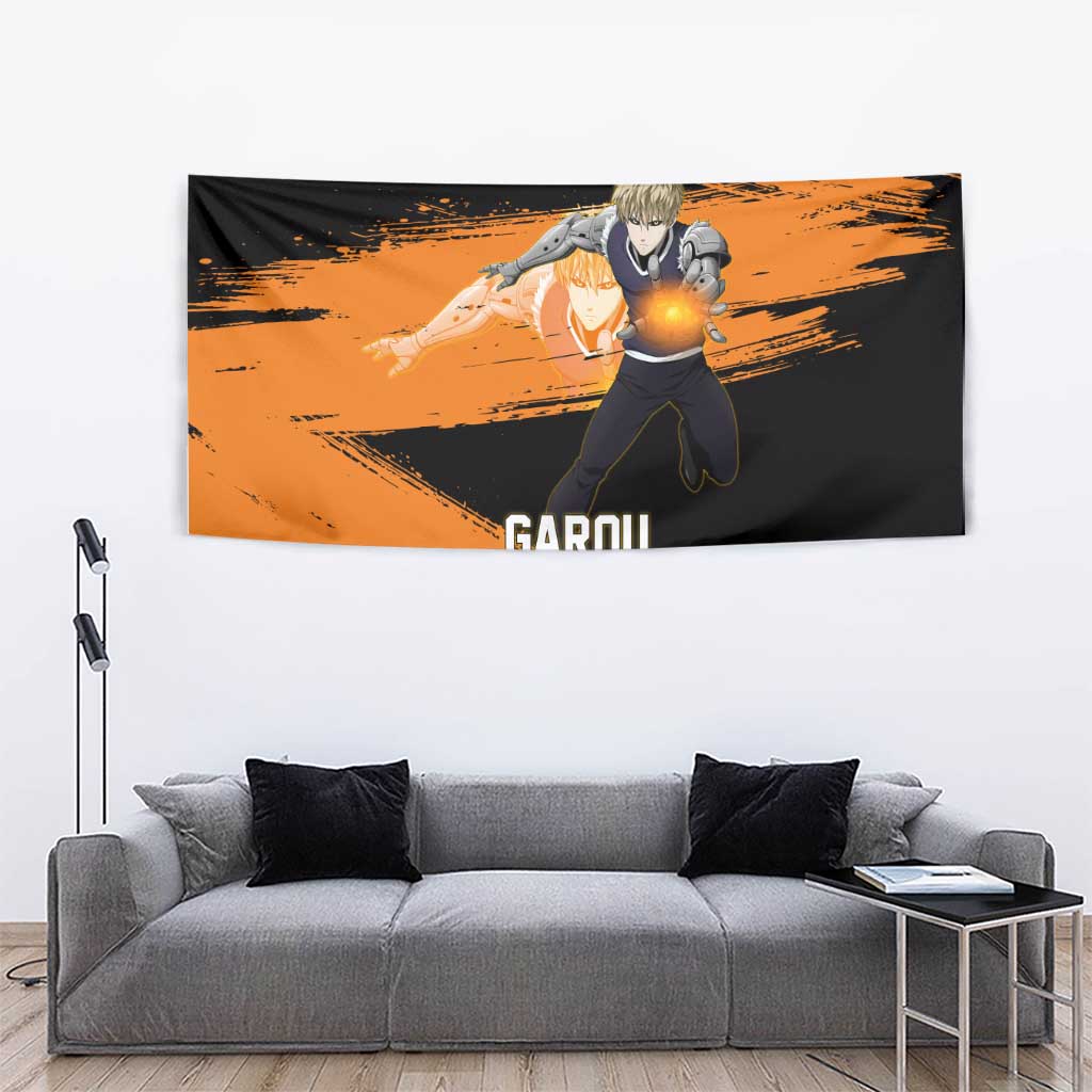 Genos One Punch Man Anime Orange and Black Theme Tapestry with Cyborg Arm Blast and Intense Action Pose - The Mazicc