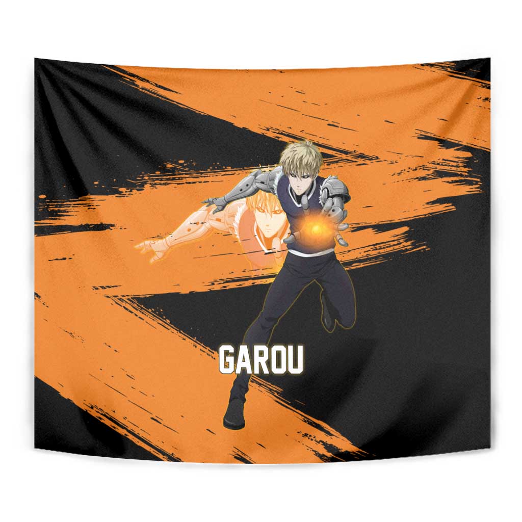 Genos One Punch Man Anime Orange and Black Theme Tapestry with Cyborg Arm Blast and Intense Action Pose - The Mazicc