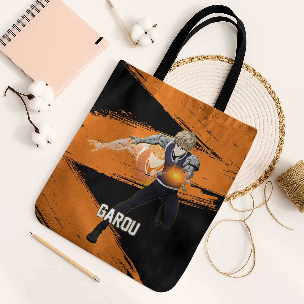 Genos One Punch Man Anime Orange and Black Theme Tote Bag with Cyborg Arm Blast and Intense Action Pose - The Mazicc