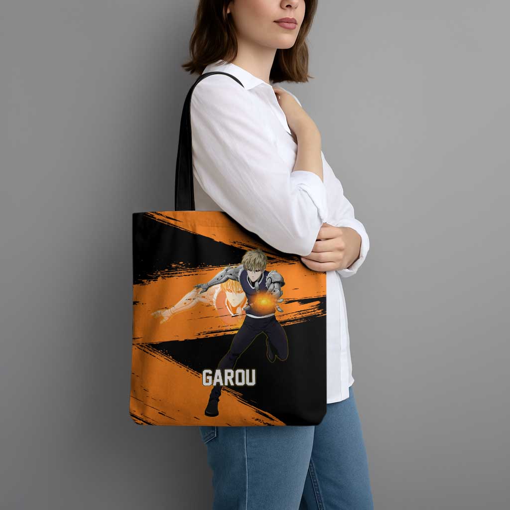 Genos One Punch Man Anime Orange and Black Theme Tote Bag with Cyborg Arm Blast and Intense Action Pose - The Mazicc