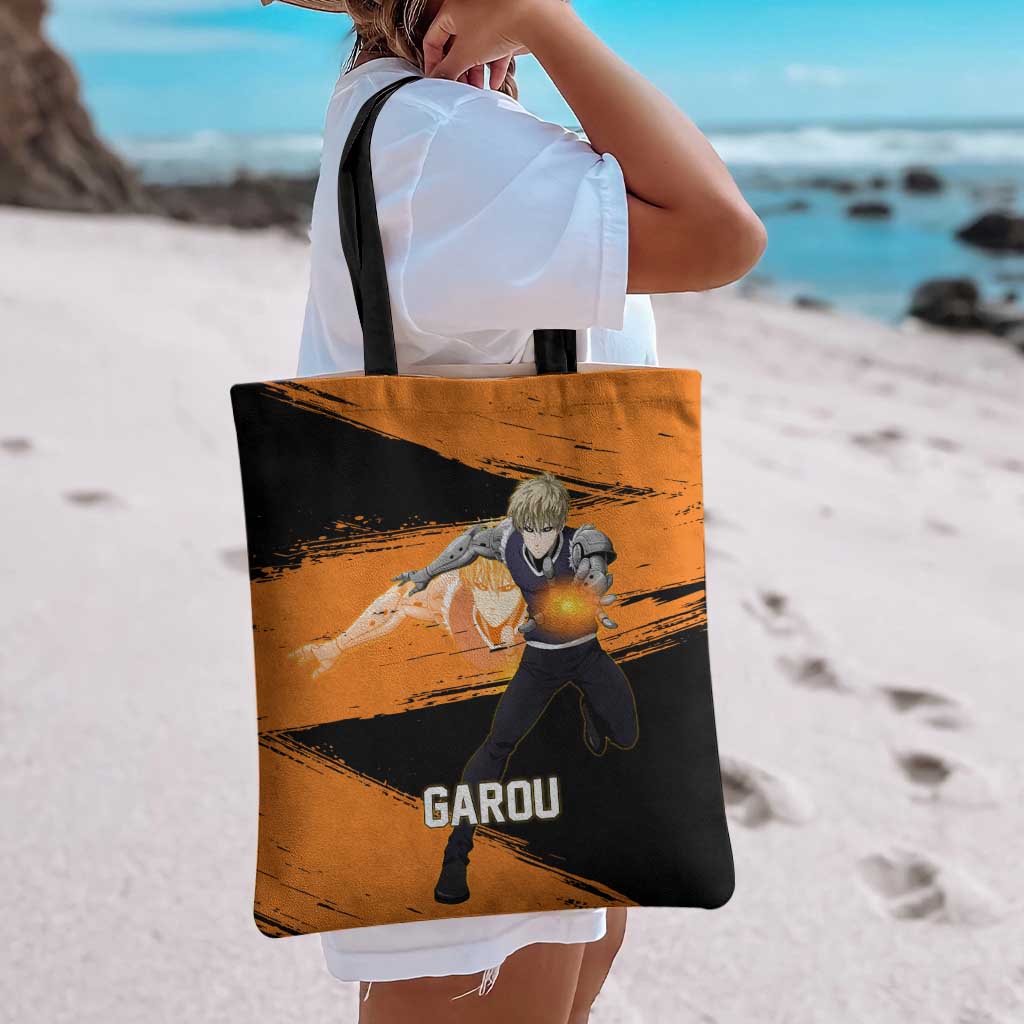 Genos One Punch Man Anime Orange and Black Theme Tote Bag with Cyborg Arm Blast and Intense Action Pose - The Mazicc