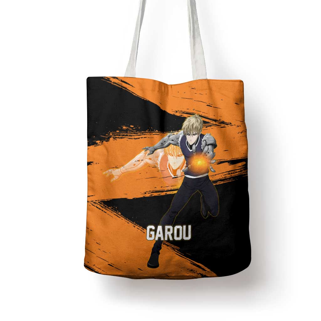 Genos One Punch Man Anime Orange and Black Theme Tote Bag with Cyborg Arm Blast and Intense Action Pose - The Mazicc
