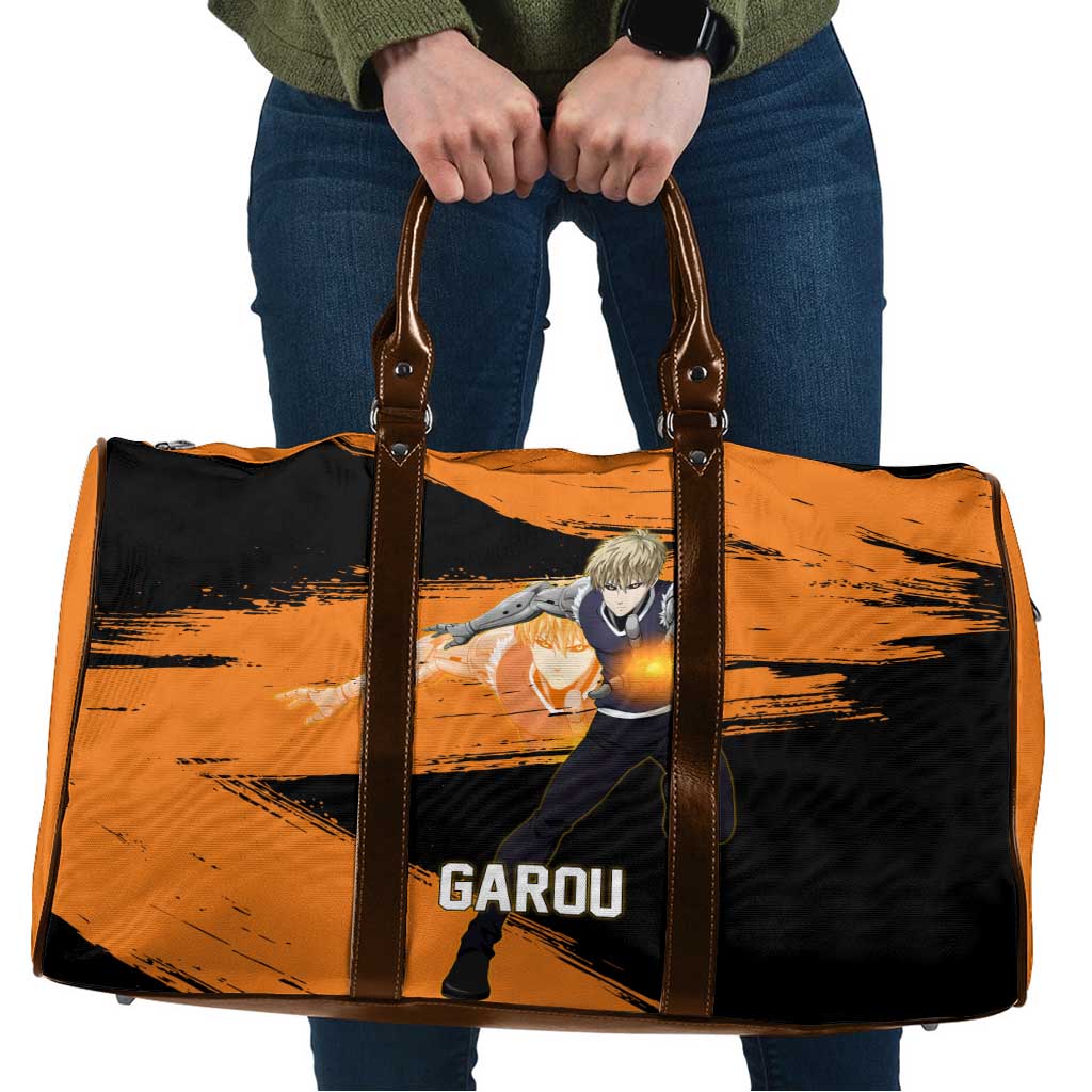Genos One Punch Man Anime Orange and Black Theme Travel Bag with Cyborg Arm Blast and Intense Action Pose - The Mazicc