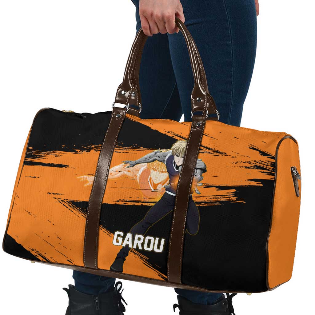 Genos One Punch Man Anime Orange and Black Theme Travel Bag with Cyborg Arm Blast and Intense Action Pose - The Mazicc
