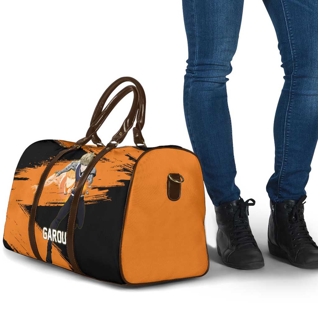 Genos One Punch Man Anime Orange and Black Theme Travel Bag with Cyborg Arm Blast and Intense Action Pose - The Mazicc