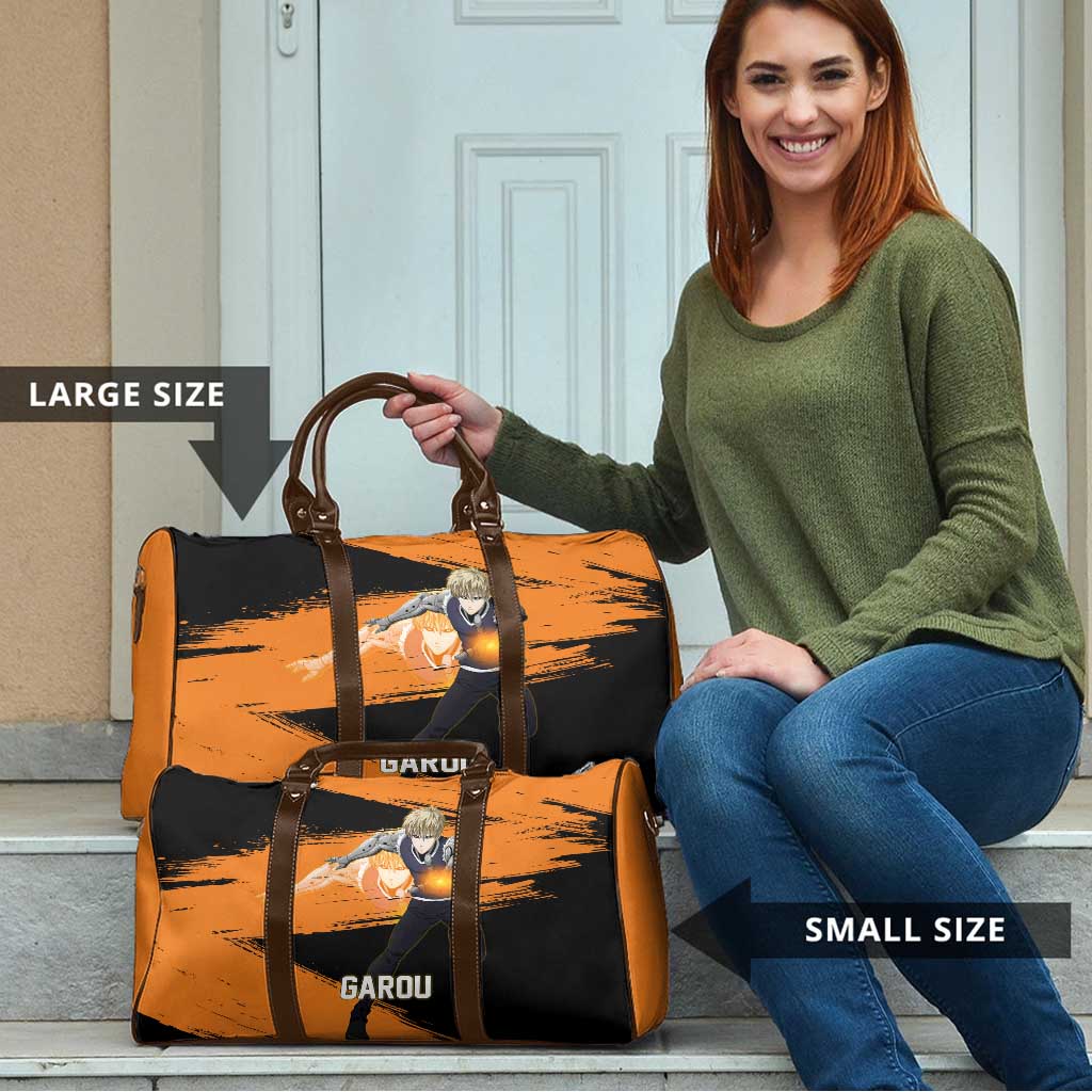 Genos One Punch Man Anime Orange and Black Theme Travel Bag with Cyborg Arm Blast and Intense Action Pose - The Mazicc