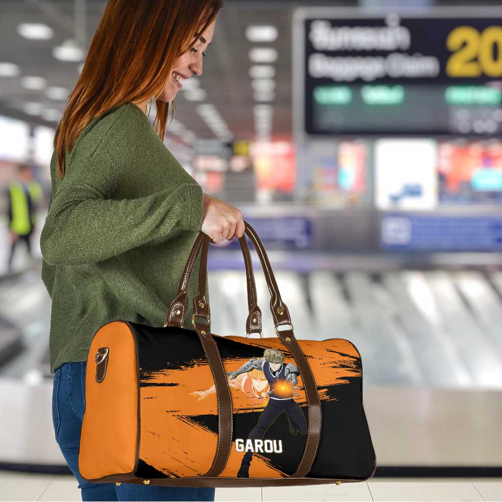 Genos One Punch Man Anime Orange and Black Theme Travel Bag with Cyborg Arm Blast and Intense Action Pose - The Mazicc