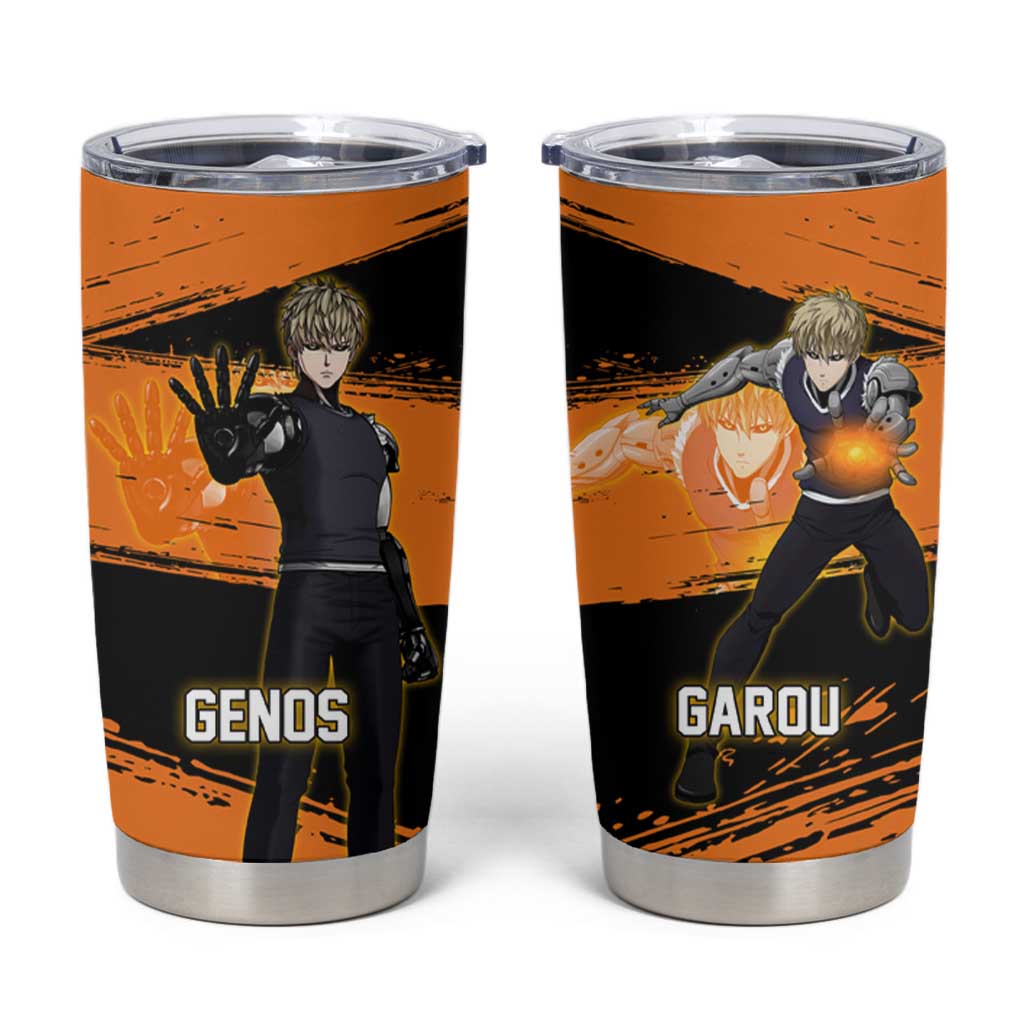 Genos One Punch Man Anime Orange and Black Theme Tumbler Cup with Cyborg Arm Blast and Intense Action Pose - The Mazicc