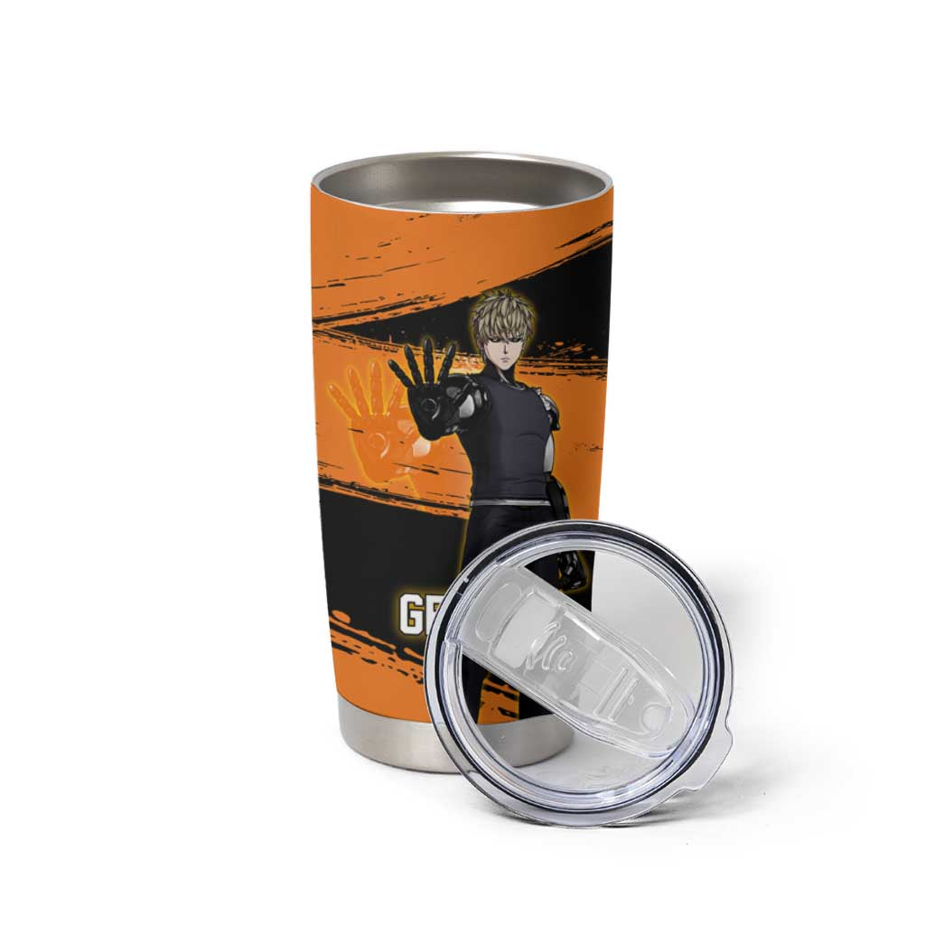 Genos One Punch Man Anime Orange and Black Theme Tumbler Cup with Cyborg Arm Blast and Intense Action Pose - The Mazicc