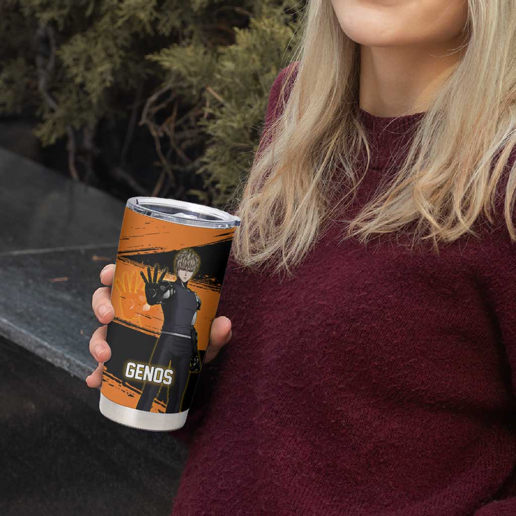 Genos One Punch Man Anime Orange and Black Theme Tumbler Cup with Cyborg Arm Blast and Intense Action Pose - The Mazicc