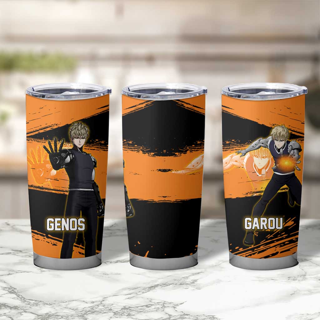 Genos One Punch Man Anime Orange and Black Theme Tumbler Cup with Cyborg Arm Blast and Intense Action Pose - The Mazicc