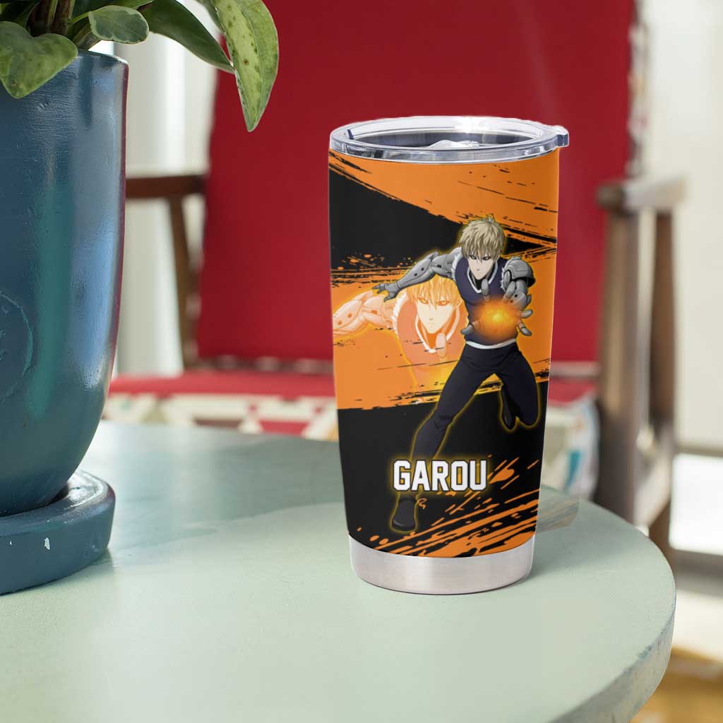 Genos One Punch Man Anime Orange and Black Theme Tumbler Cup with Cyborg Arm Blast and Intense Action Pose - The Mazicc