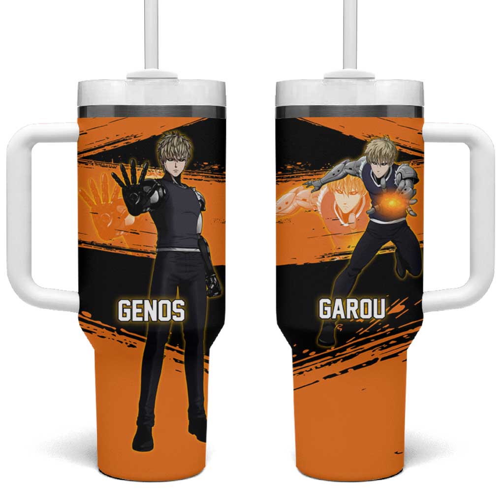 Genos One Punch Man Anime Orange and Black Theme Tumbler With Handle with Cyborg Arm Blast and Intense Action Pose - The Mazicc