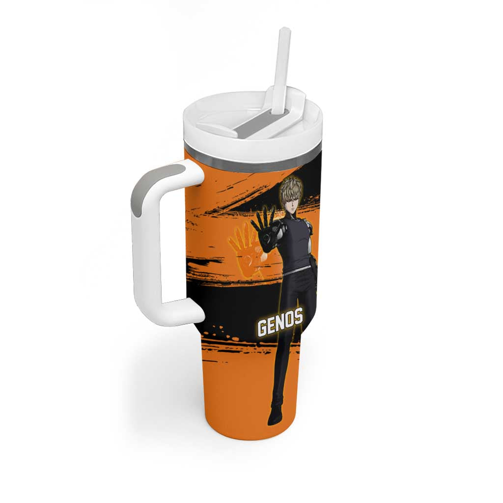 Genos One Punch Man Anime Orange and Black Theme Tumbler With Handle with Cyborg Arm Blast and Intense Action Pose - The Mazicc