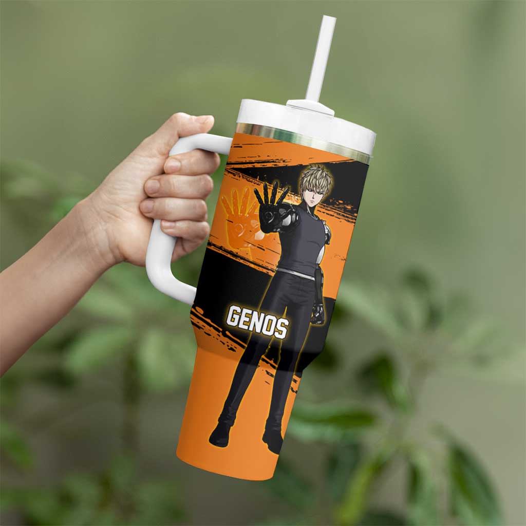 Genos One Punch Man Anime Orange and Black Theme Tumbler With Handle with Cyborg Arm Blast and Intense Action Pose - The Mazicc