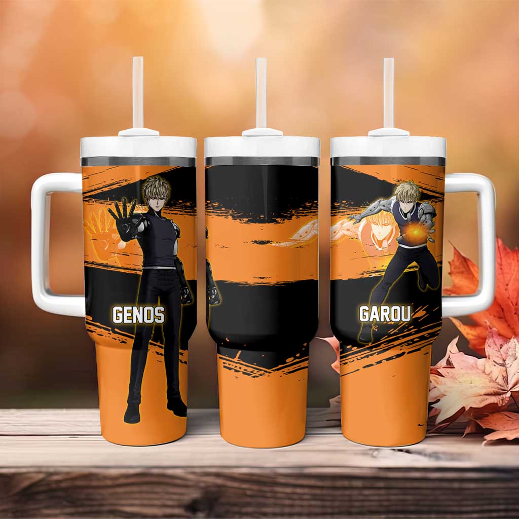 Genos One Punch Man Anime Orange and Black Theme Tumbler With Handle with Cyborg Arm Blast and Intense Action Pose - The Mazicc