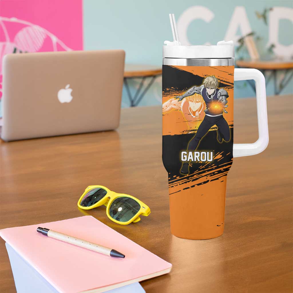 Genos One Punch Man Anime Orange and Black Theme Tumbler With Handle with Cyborg Arm Blast and Intense Action Pose - The Mazicc