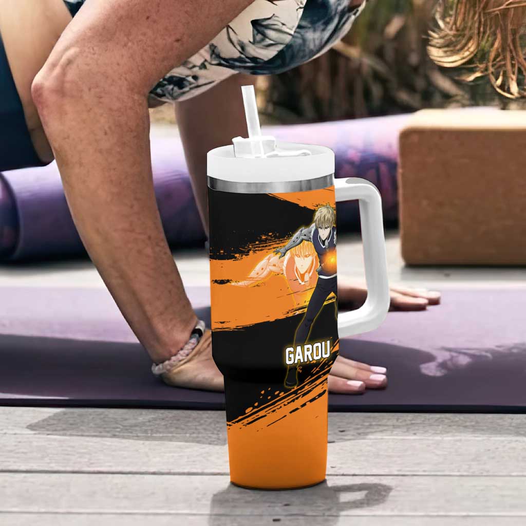 Genos One Punch Man Anime Orange and Black Theme Tumbler With Handle with Cyborg Arm Blast and Intense Action Pose - The Mazicc