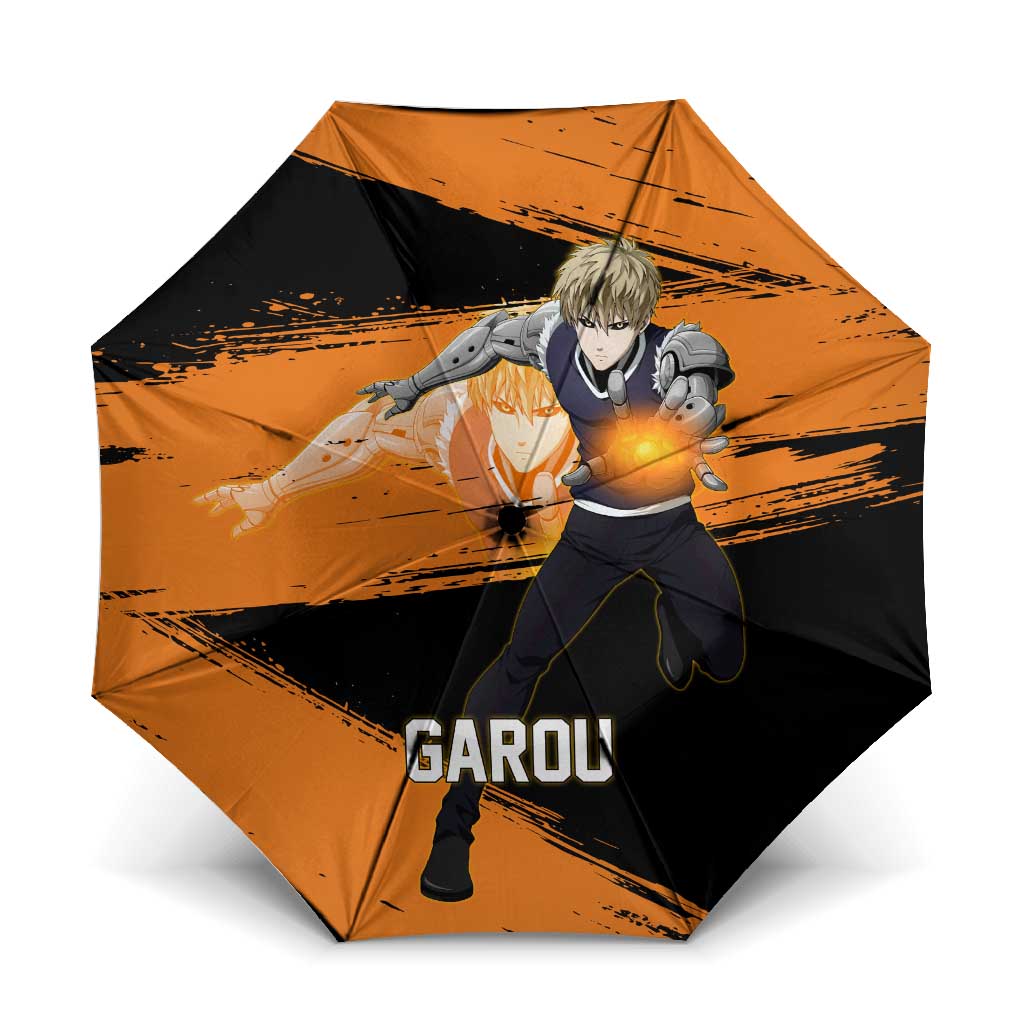 Genos One Punch Man Anime Orange and Black Theme Umbrella with Cyborg Arm Blast and Intense Action Pose - The Mazicc