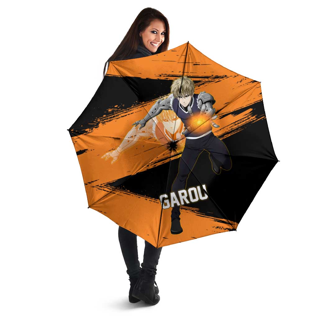 Genos One Punch Man Anime Orange and Black Theme Umbrella with Cyborg Arm Blast and Intense Action Pose - The Mazicc