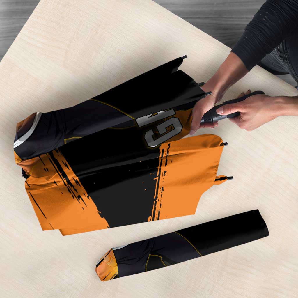 Genos One Punch Man Anime Orange and Black Theme Umbrella with Cyborg Arm Blast and Intense Action Pose - The Mazicc