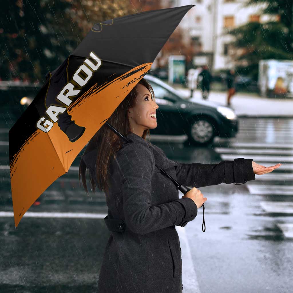 Genos One Punch Man Anime Orange and Black Theme Umbrella with Cyborg Arm Blast and Intense Action Pose - The Mazicc