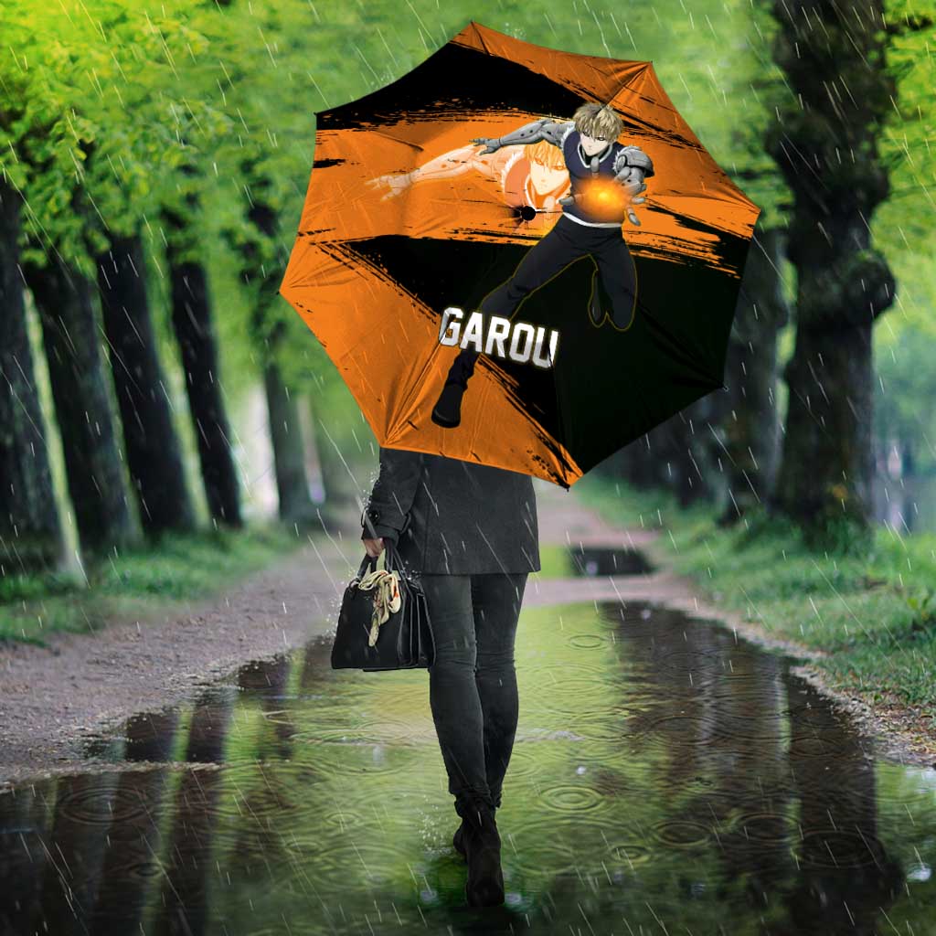 Genos One Punch Man Anime Orange and Black Theme Umbrella with Cyborg Arm Blast and Intense Action Pose - The Mazicc