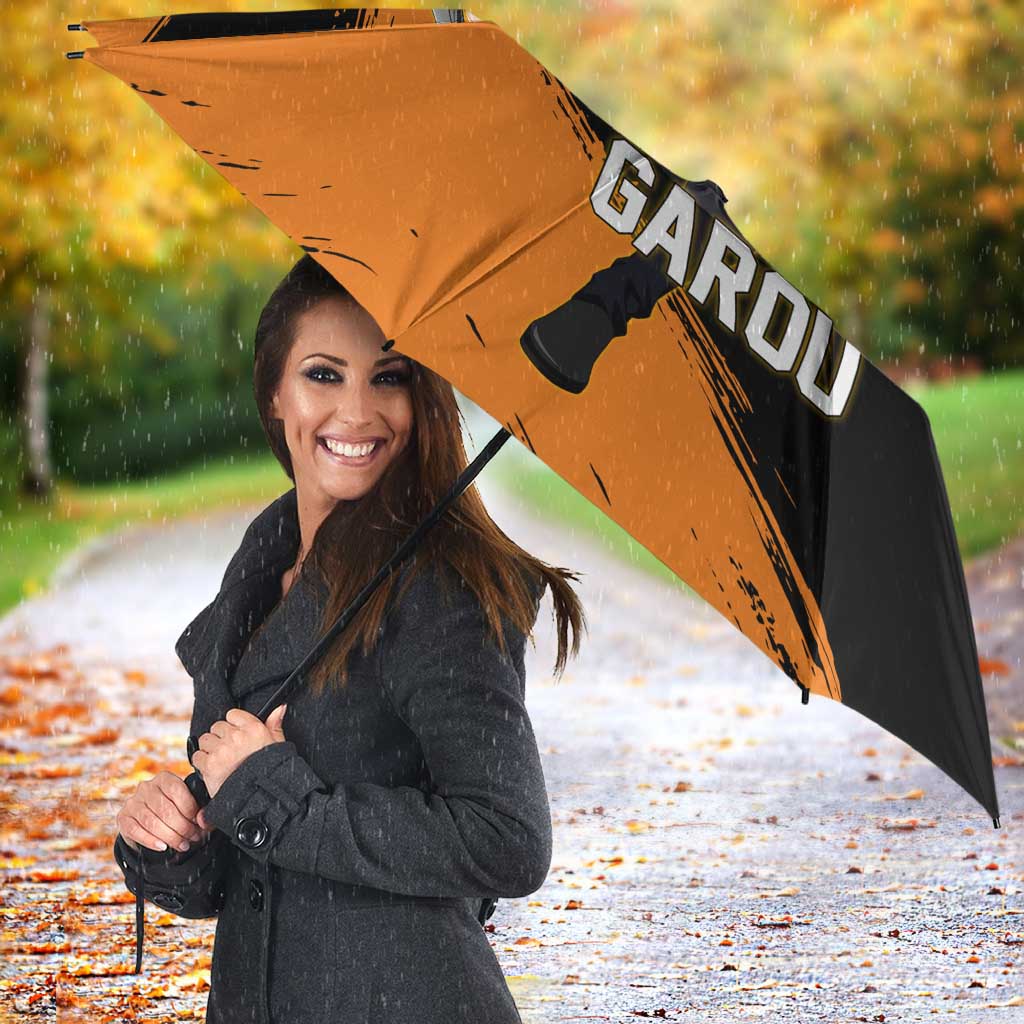 Genos One Punch Man Anime Orange and Black Theme Umbrella with Cyborg Arm Blast and Intense Action Pose - The Mazicc