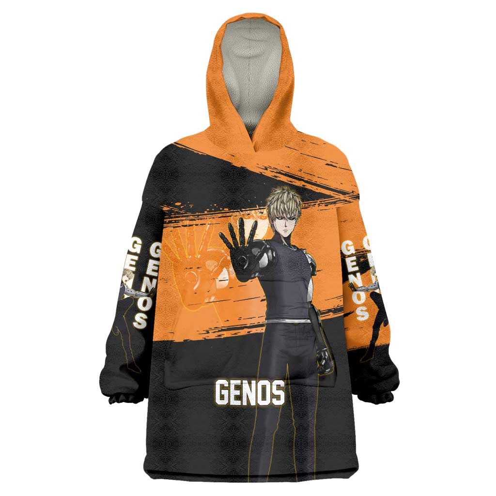 Genos One Punch Man Anime Orange and Black Theme Wearable Blanket Hoodie with Cyborg Arm Blast and Intense Action Pose - The Mazicc