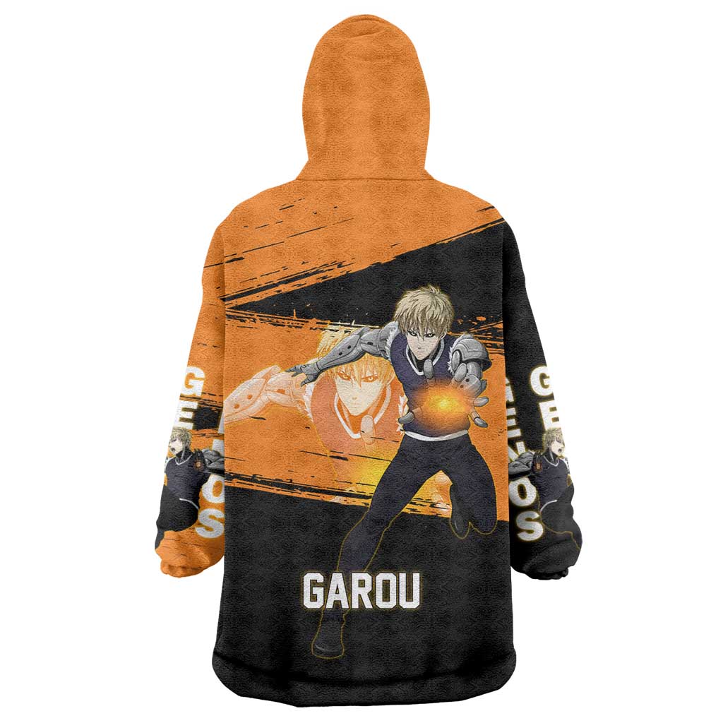 Genos One Punch Man Anime Orange and Black Theme Wearable Blanket Hoodie with Cyborg Arm Blast and Intense Action Pose - The Mazicc