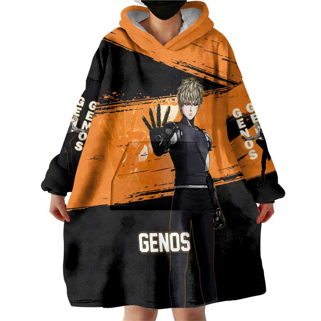 Genos One Punch Man Anime Orange and Black Theme Wearable Blanket Hoodie with Cyborg Arm Blast and Intense Action Pose - The Mazicc