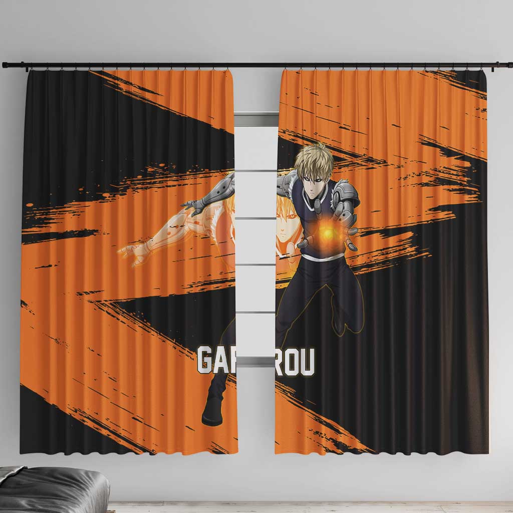 Genos One Punch Man Anime Orange and Black Theme Window Curtain with Cyborg Arm Blast and Intense Action Pose - The Mazicc