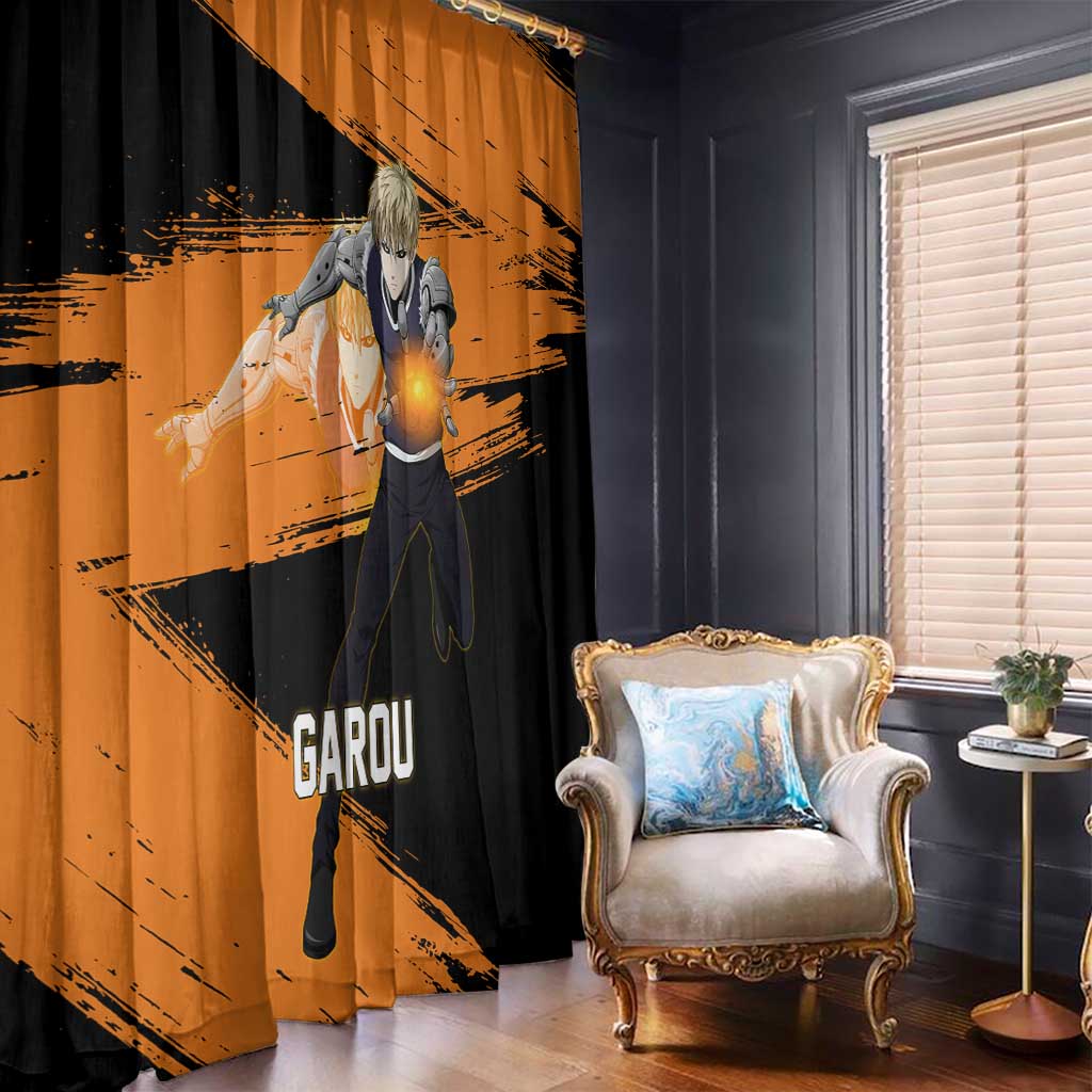 Genos One Punch Man Anime Orange and Black Theme Window Curtain with Cyborg Arm Blast and Intense Action Pose - The Mazicc