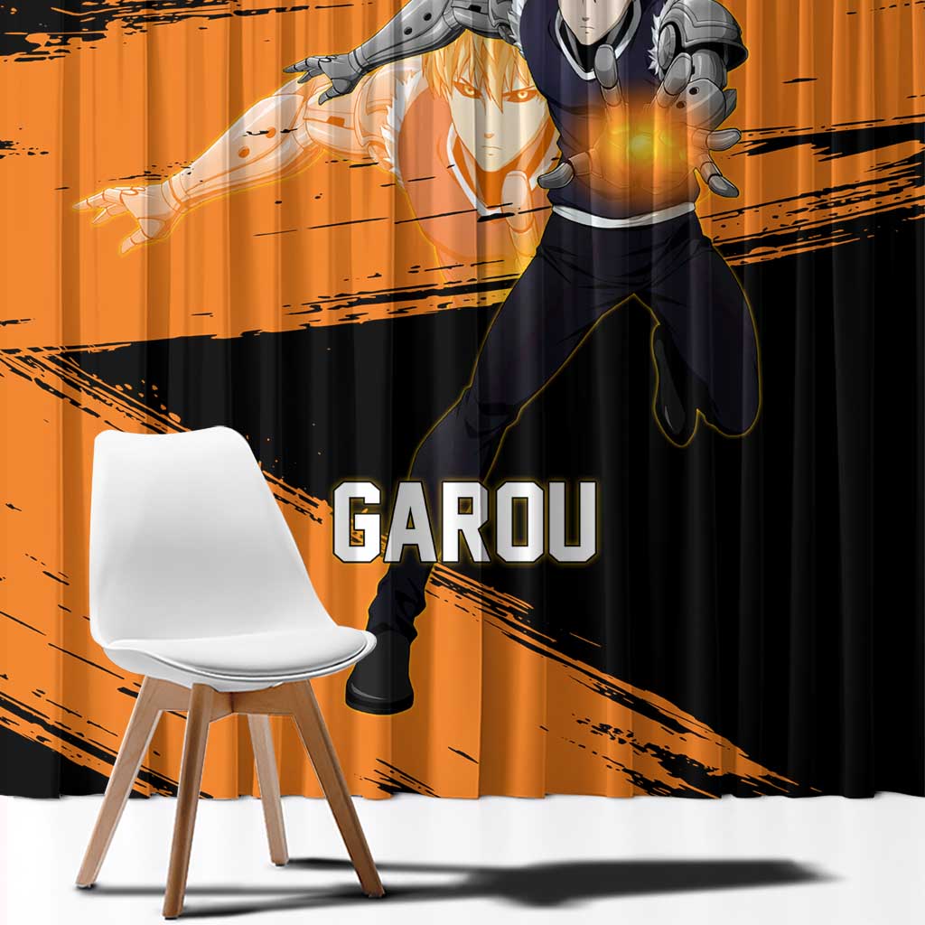 Genos One Punch Man Anime Orange and Black Theme Window Curtain with Cyborg Arm Blast and Intense Action Pose - The Mazicc