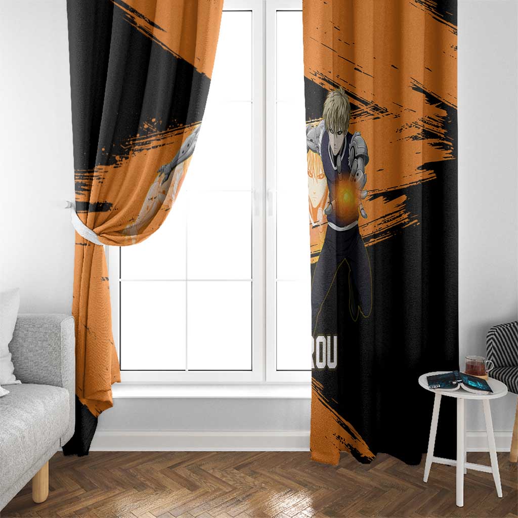 Genos One Punch Man Anime Orange and Black Theme Window Curtain with Cyborg Arm Blast and Intense Action Pose - The Mazicc